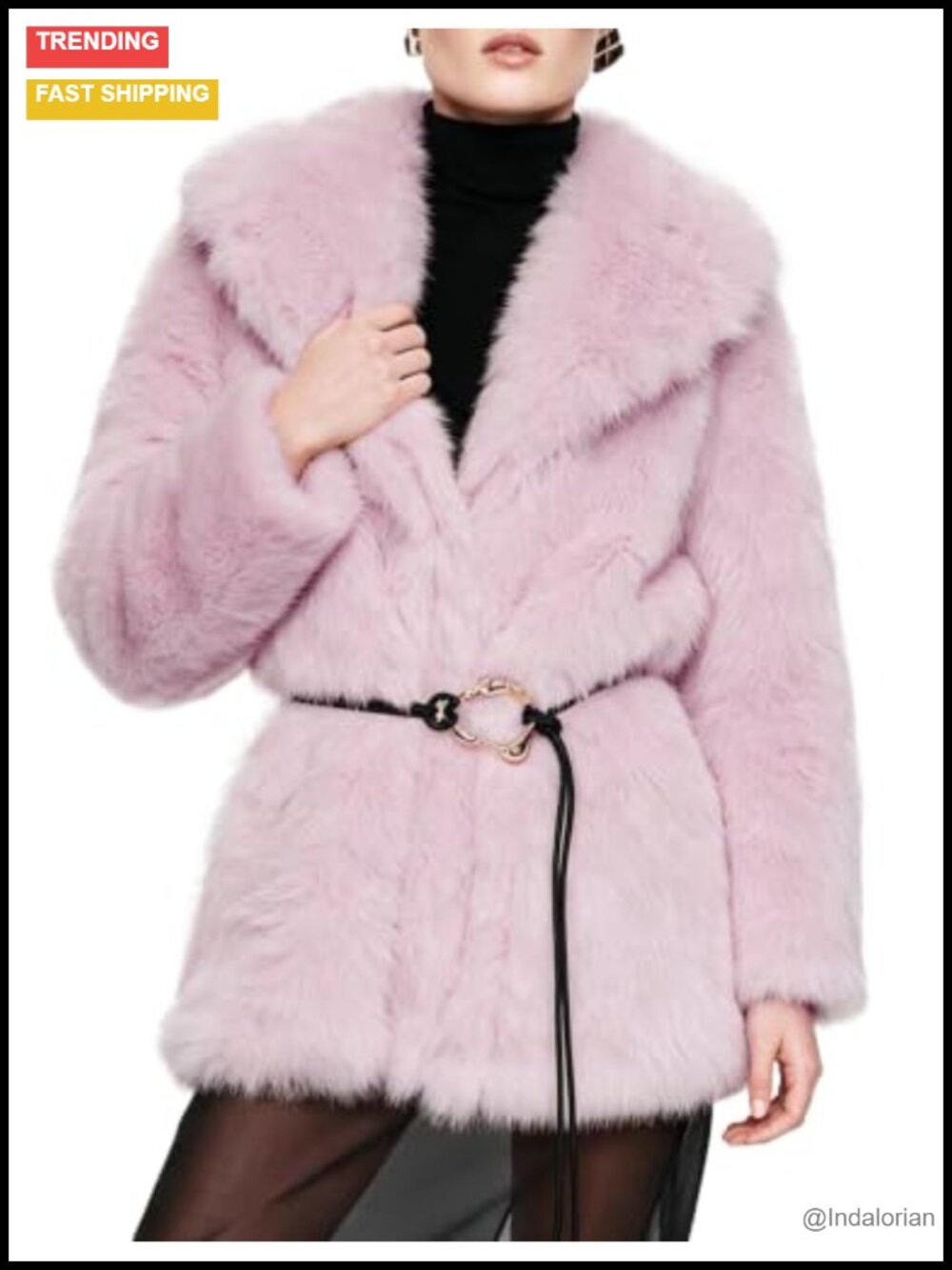 Faux Fur Coat Women Belted Mid-Long Fluffy Winter Jacket Warm